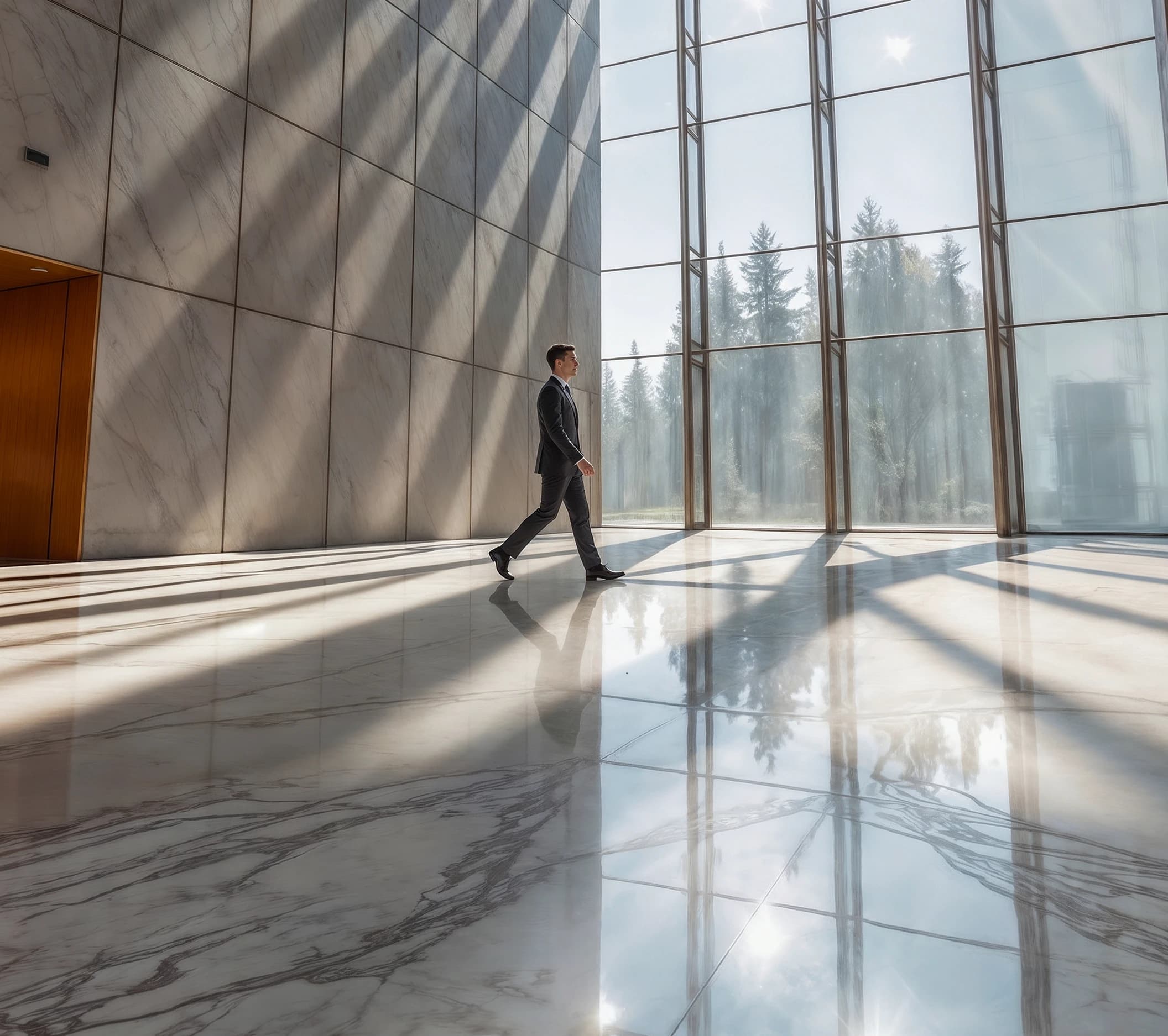 Sunlit commercial lobby with marble floor and tall glass walls