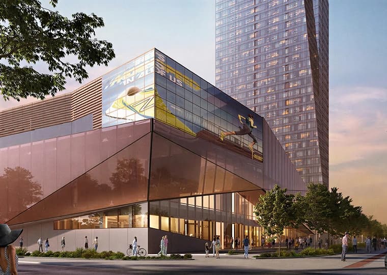 Contemporary retail building beside a residential tower