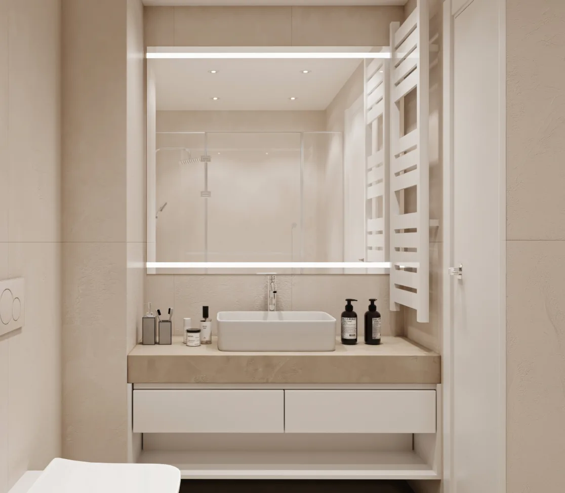 Minimal bathroom vanity with an illuminated mirror