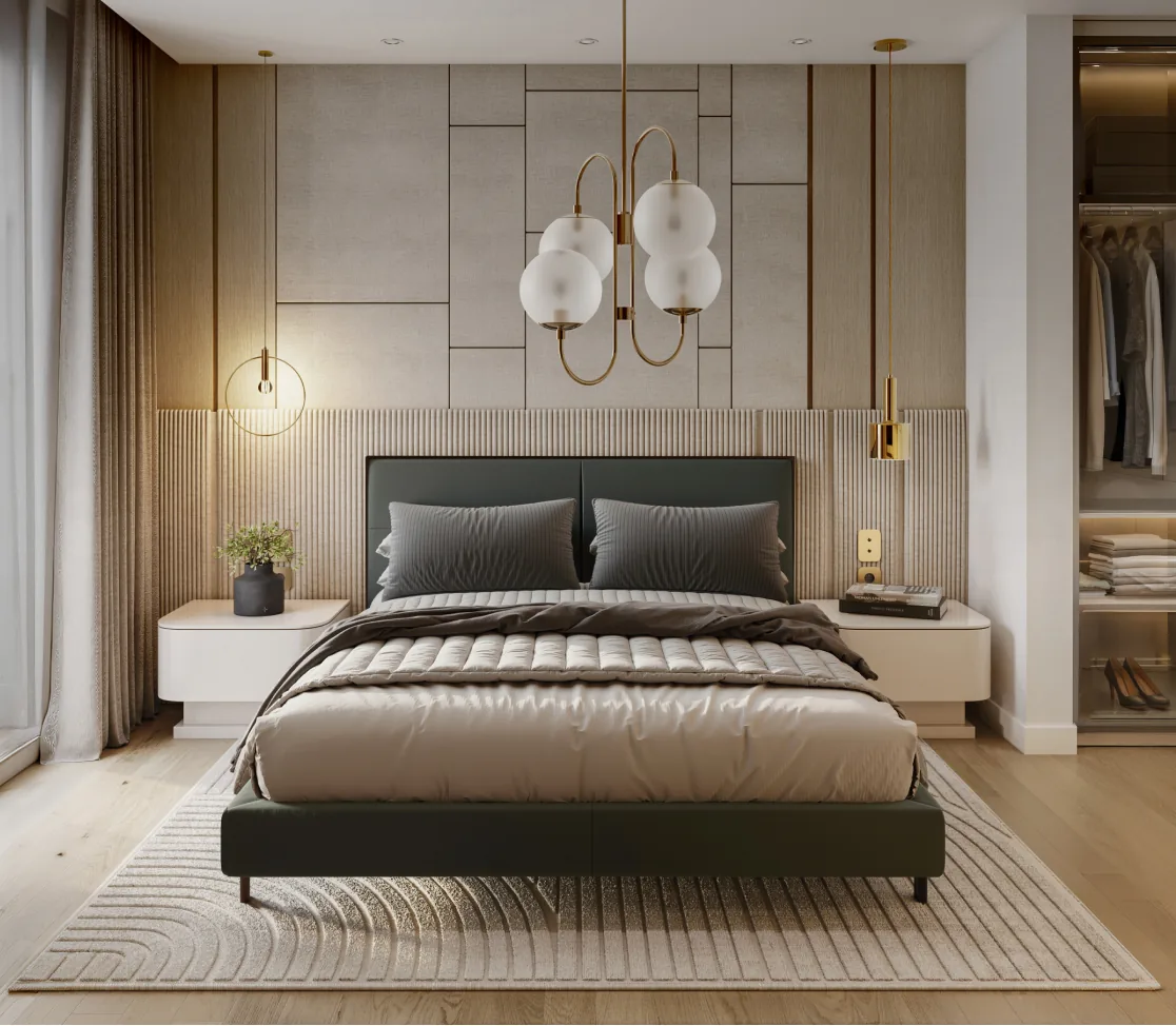 Calm bedroom with a sculptural chandelier and warm wall panels