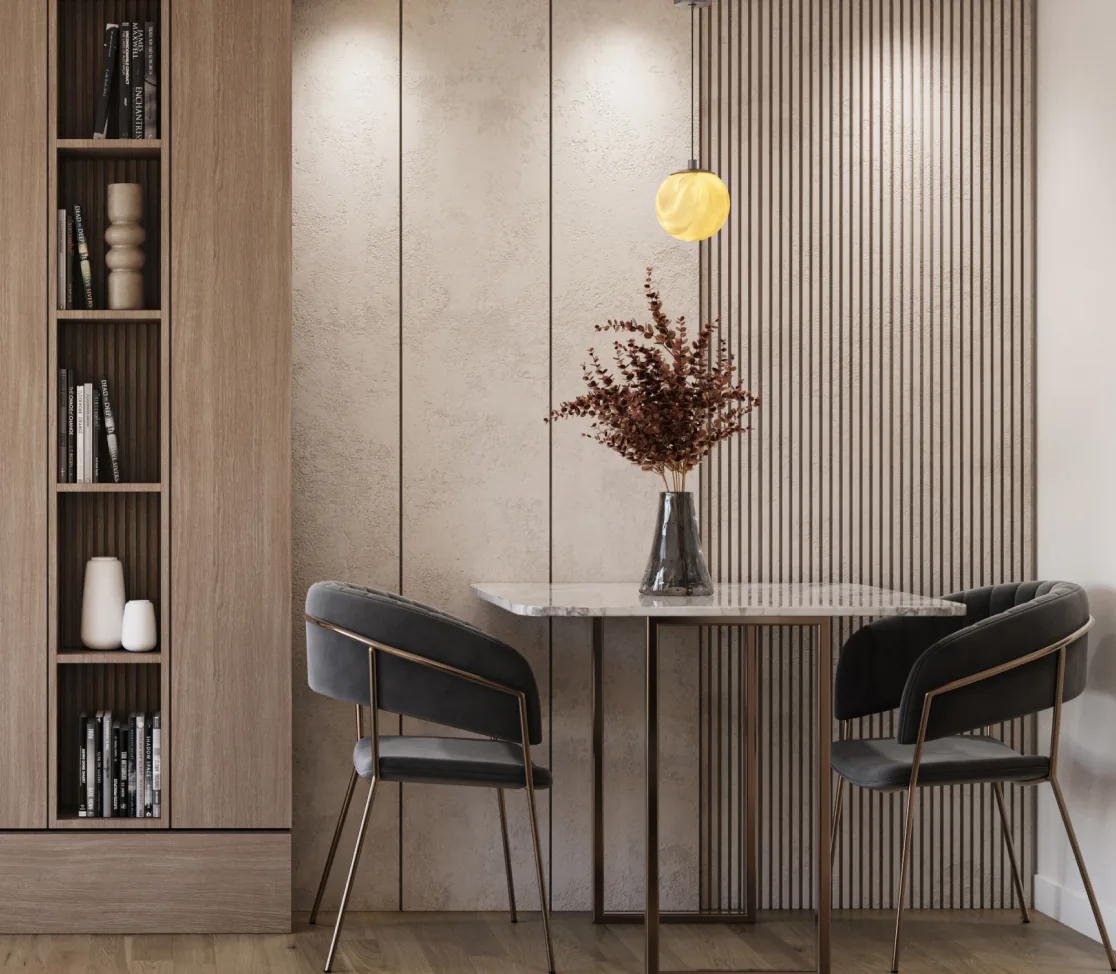 Dining nook with warm wooden wall panels and a pendant light