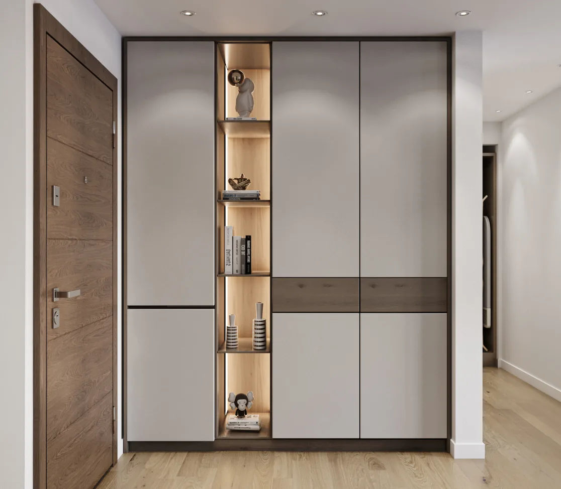 Apartment entrance foyer with a lit built-in wardrobe