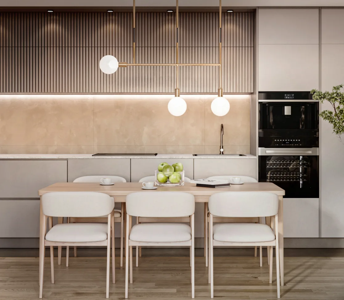 Modern kitchen dining area with pendant lights