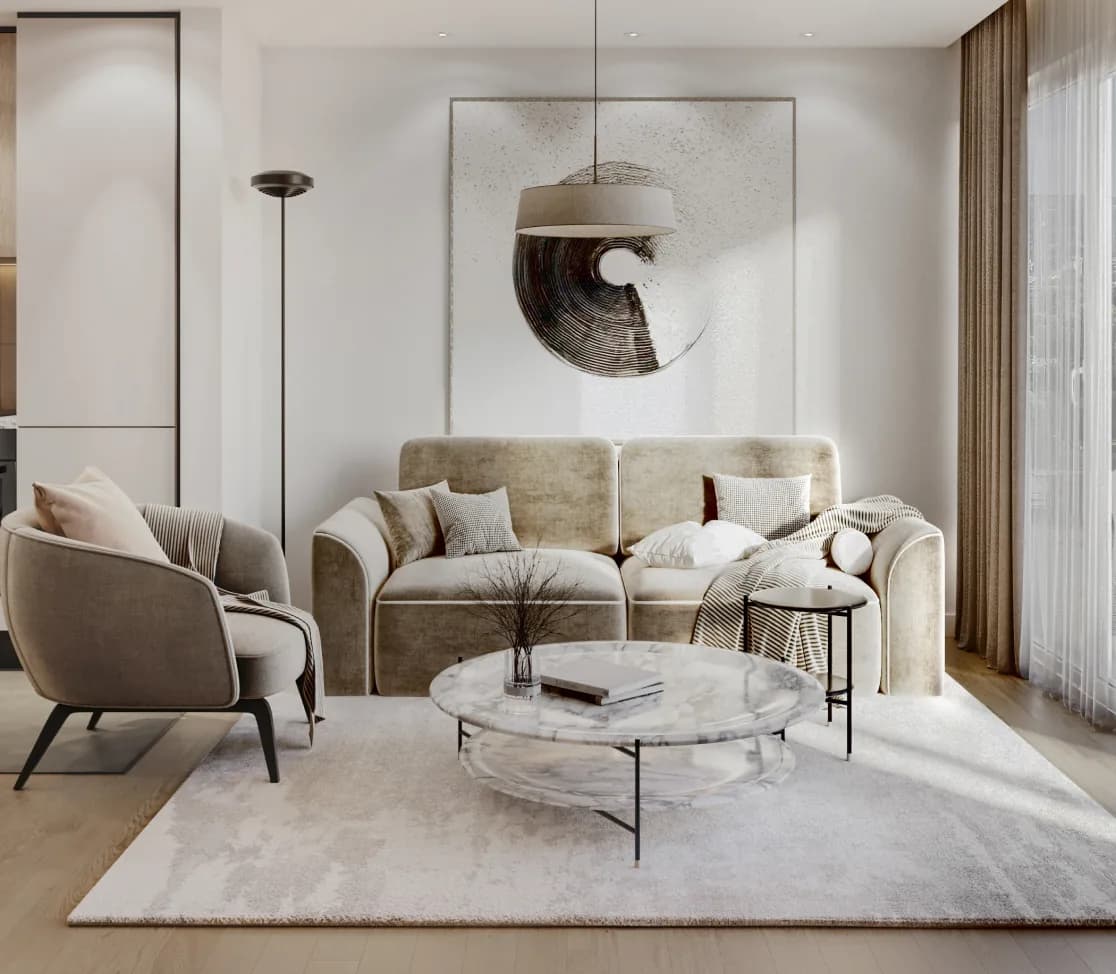 Quiet modern apartment living room with neutral furnishings
