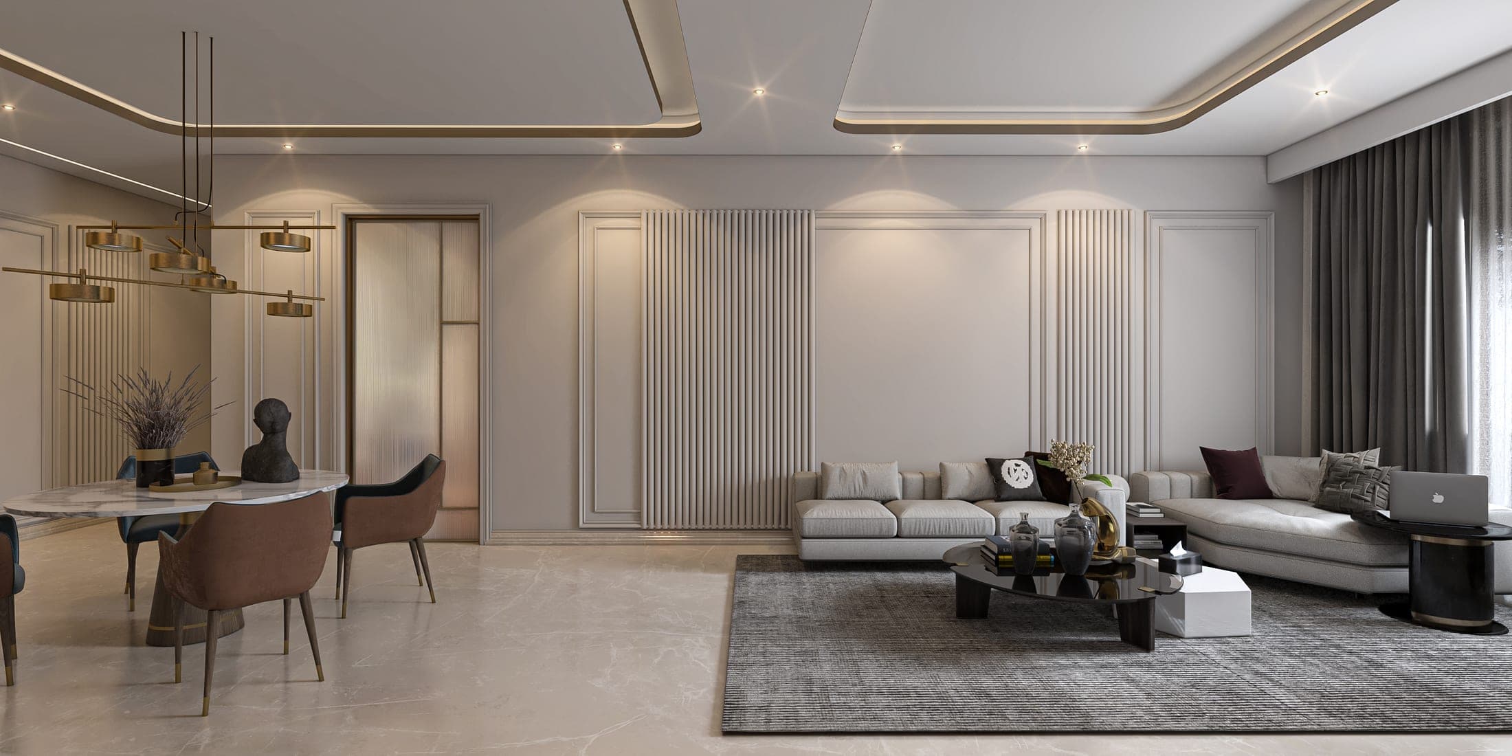Spacious drawing room with connected sofa and dining areas