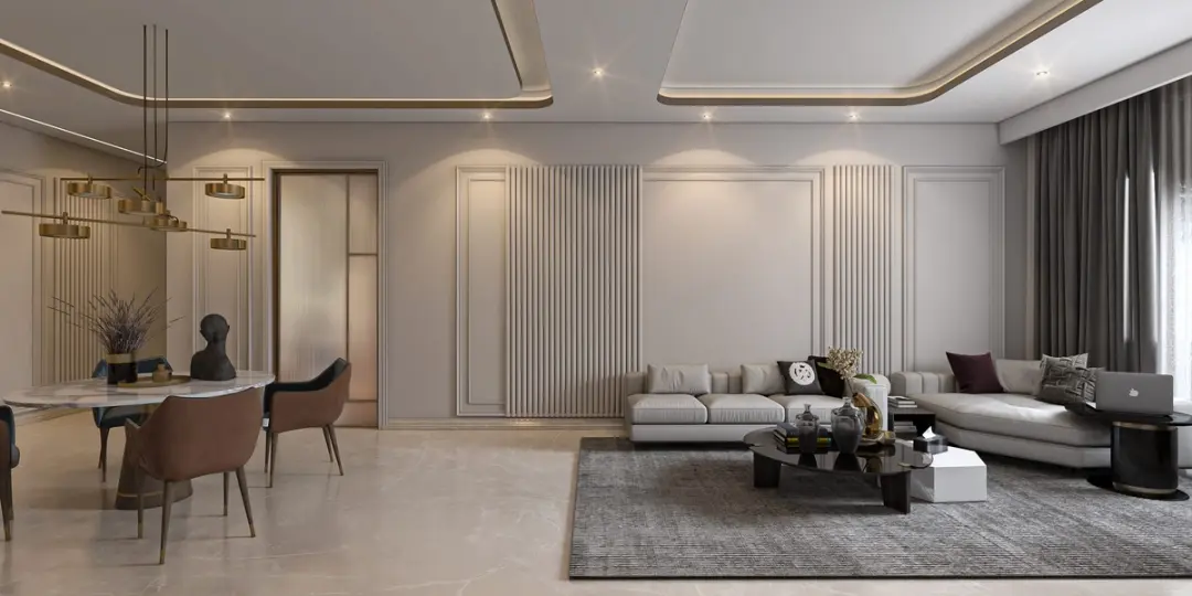 Spacious drawing room with connected sofa and dining areas