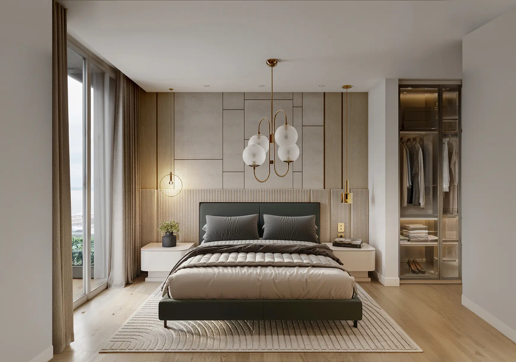Bedroom opening onto a balcony with soft afternoon light
