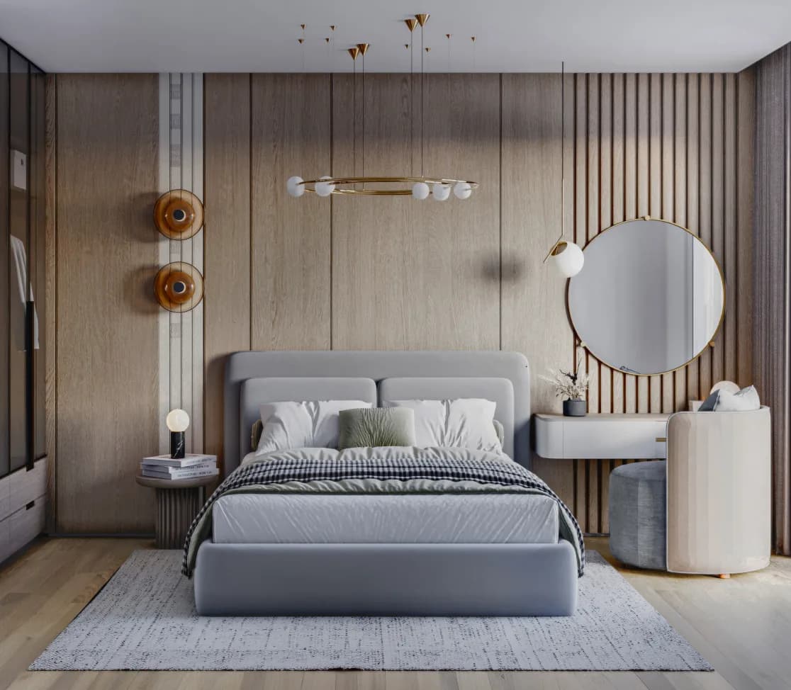 Bedroom with warm wooden wall panels and integrated lighting