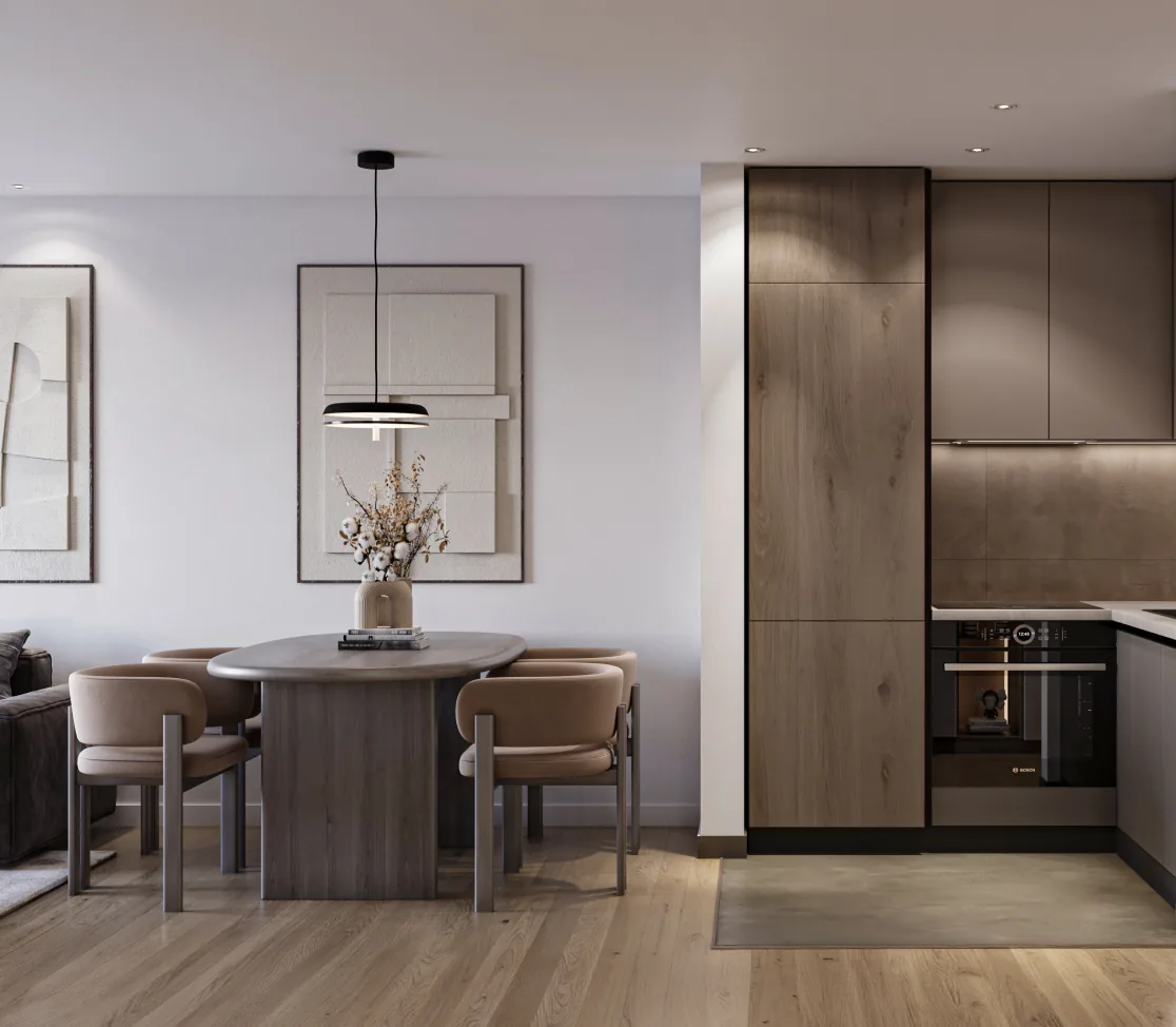 Open kitchen and dining area in a modern apartment