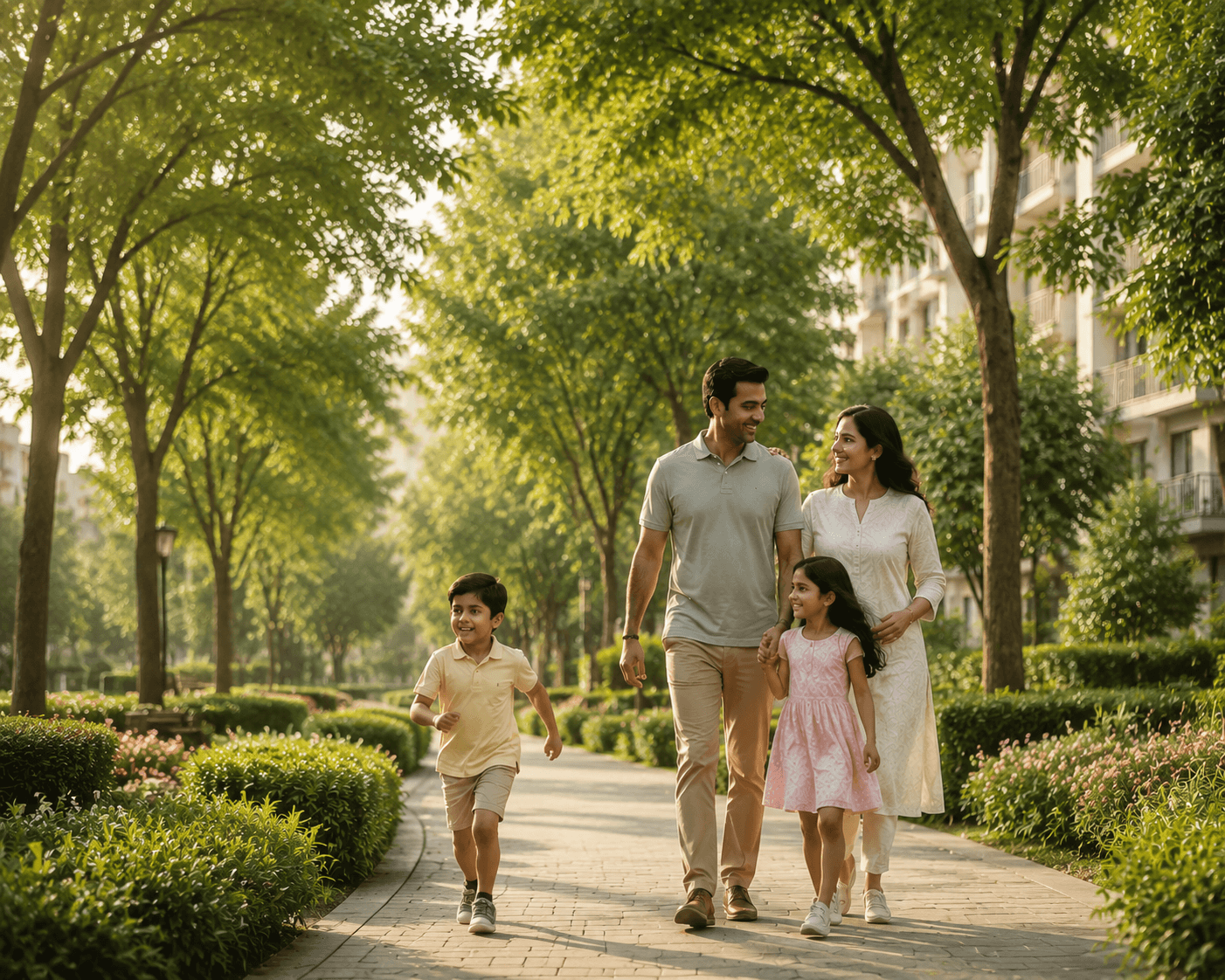 Family walking together along a tree-lined residential path