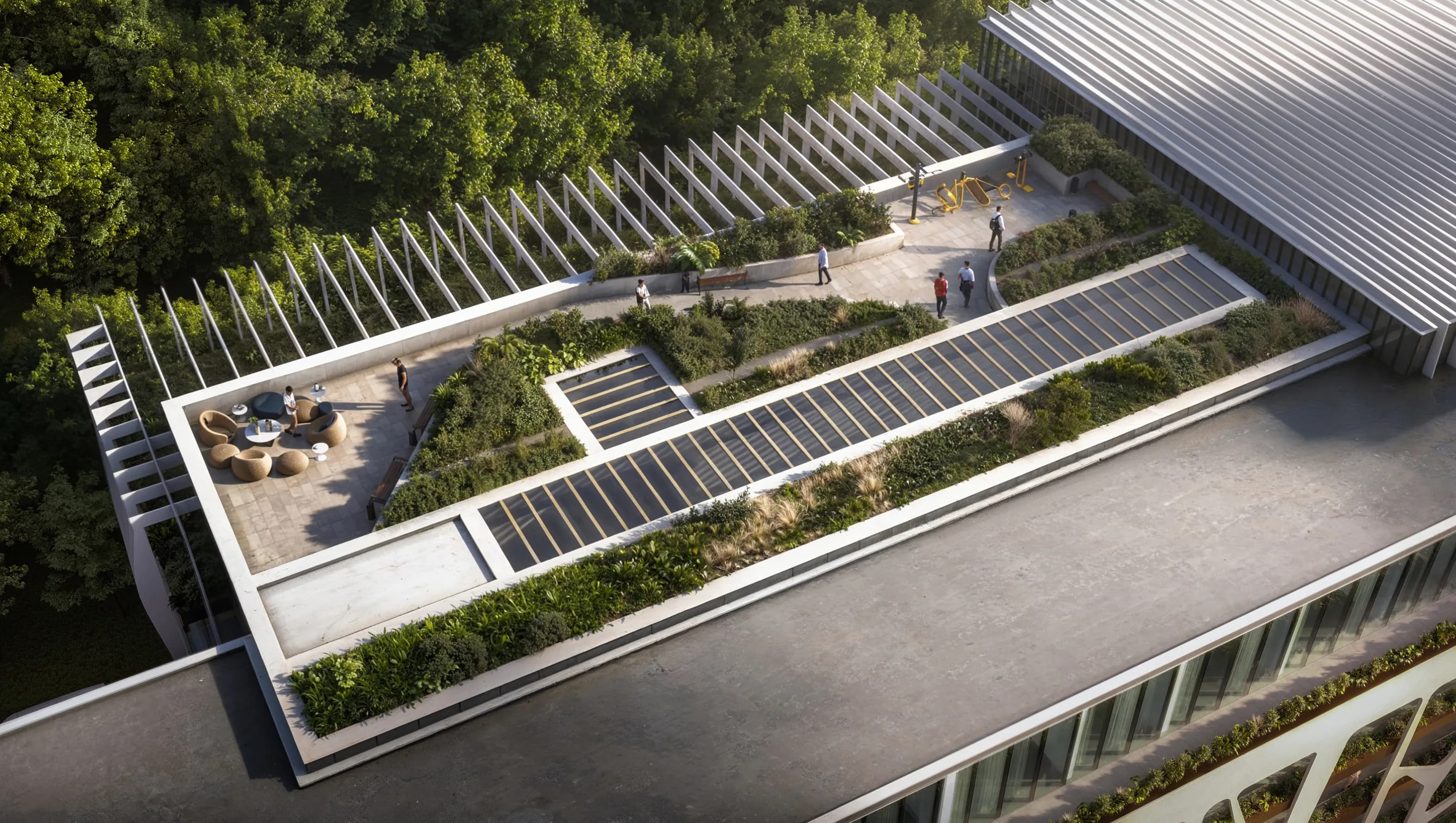 Aerial view of a planted rooftop garden terrace