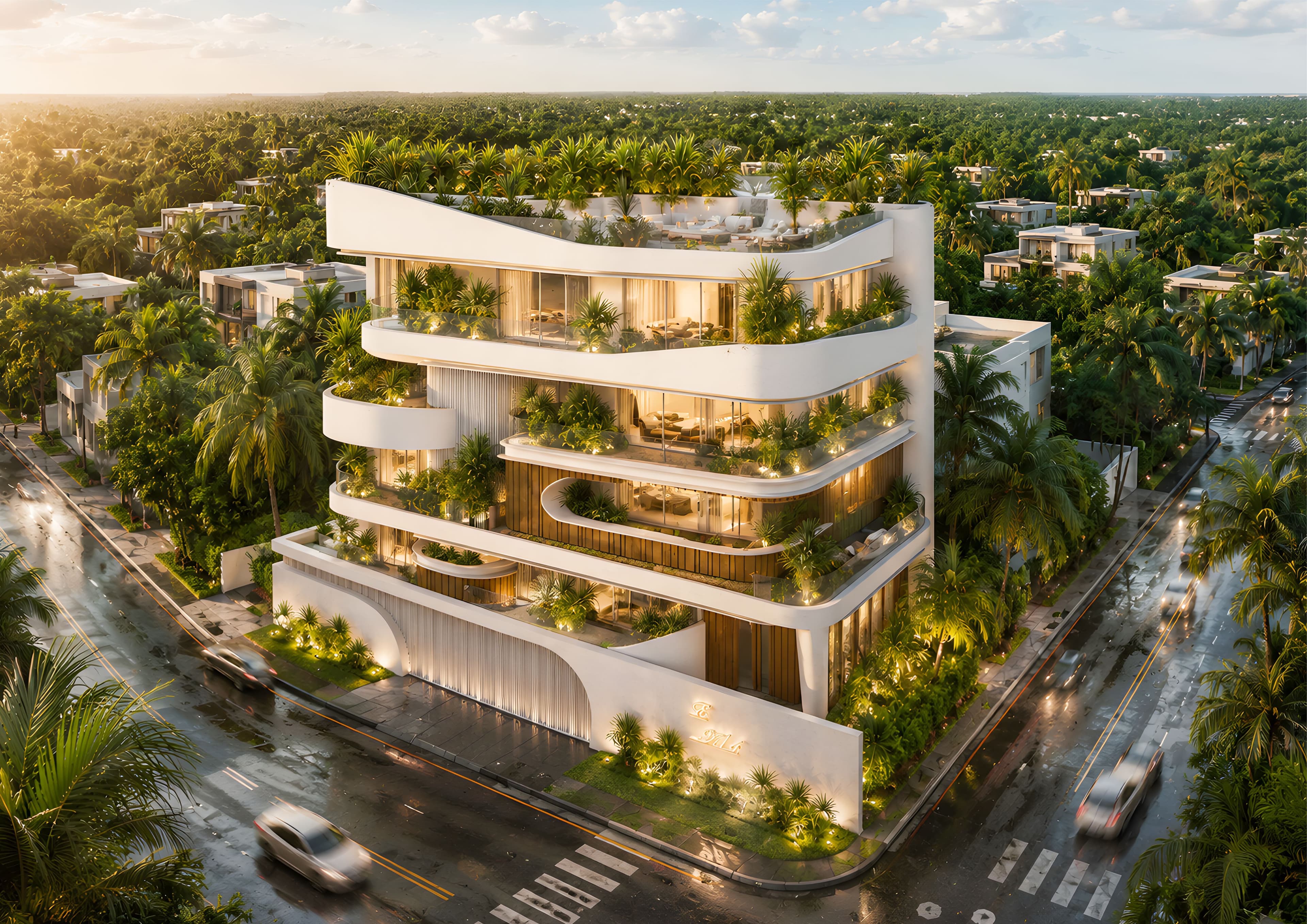Aerial view across a green development landscape in Vrindavan