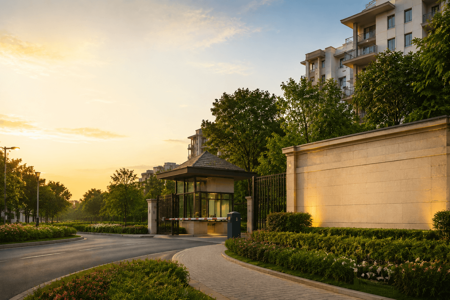 Landscaped residential entrance in warm evening light