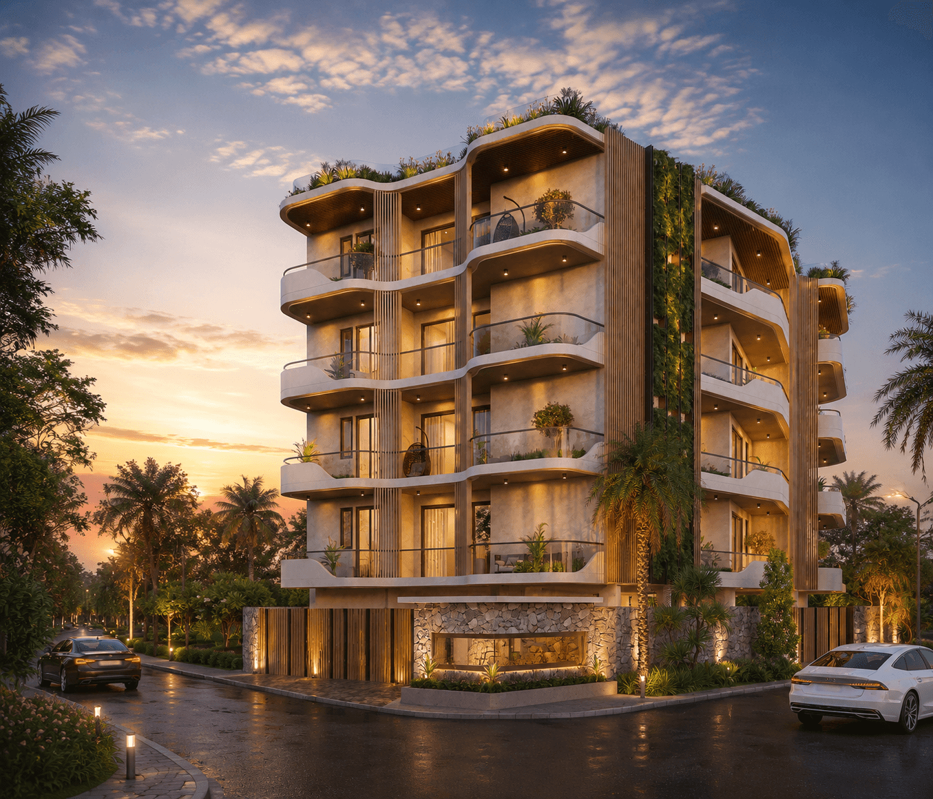 Contemporary residential building with planted balconies at sunset